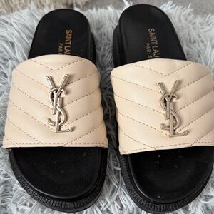 Saint Laurent Cream Quilted Logo Slide Sandals